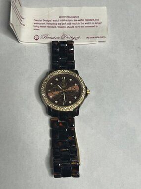 Premier Designs Analog Wristwatch Brown Tortoiseshell Band 1.5" Crystal Bezel
